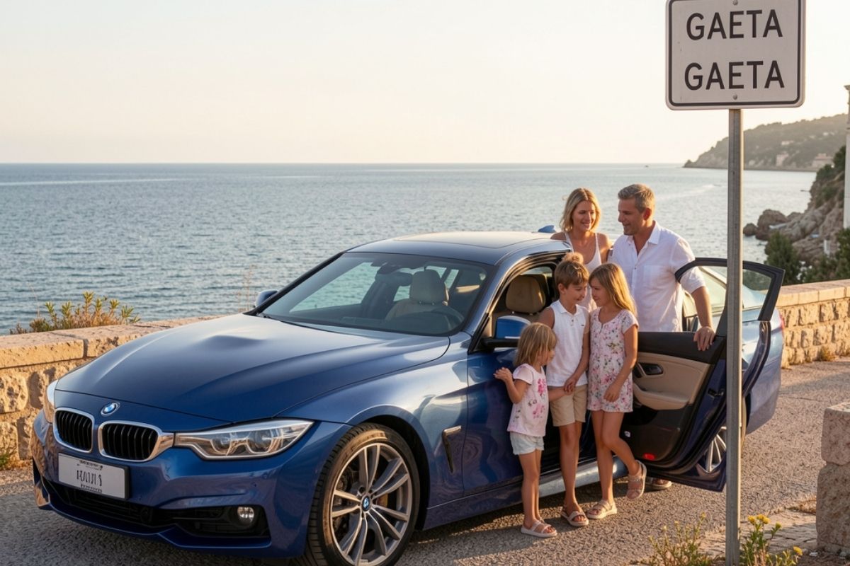 Foto realistica di una famiglia che arriva in auto a Gaeta, si vede il cartello della città e il mare in lontananza, atmosfera di vacanza estiva